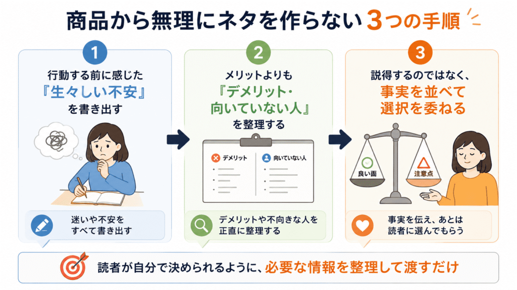 商品から無理にネタを作らない三つの手順